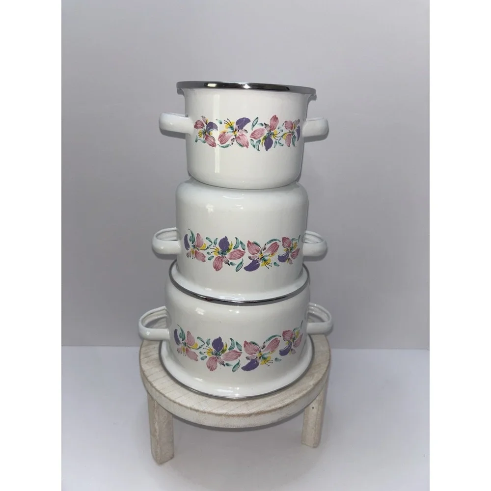 Vintage 1980s Floral Enamel Saucepan Set – 3 Matching Pans NO Lids– Cottage Core